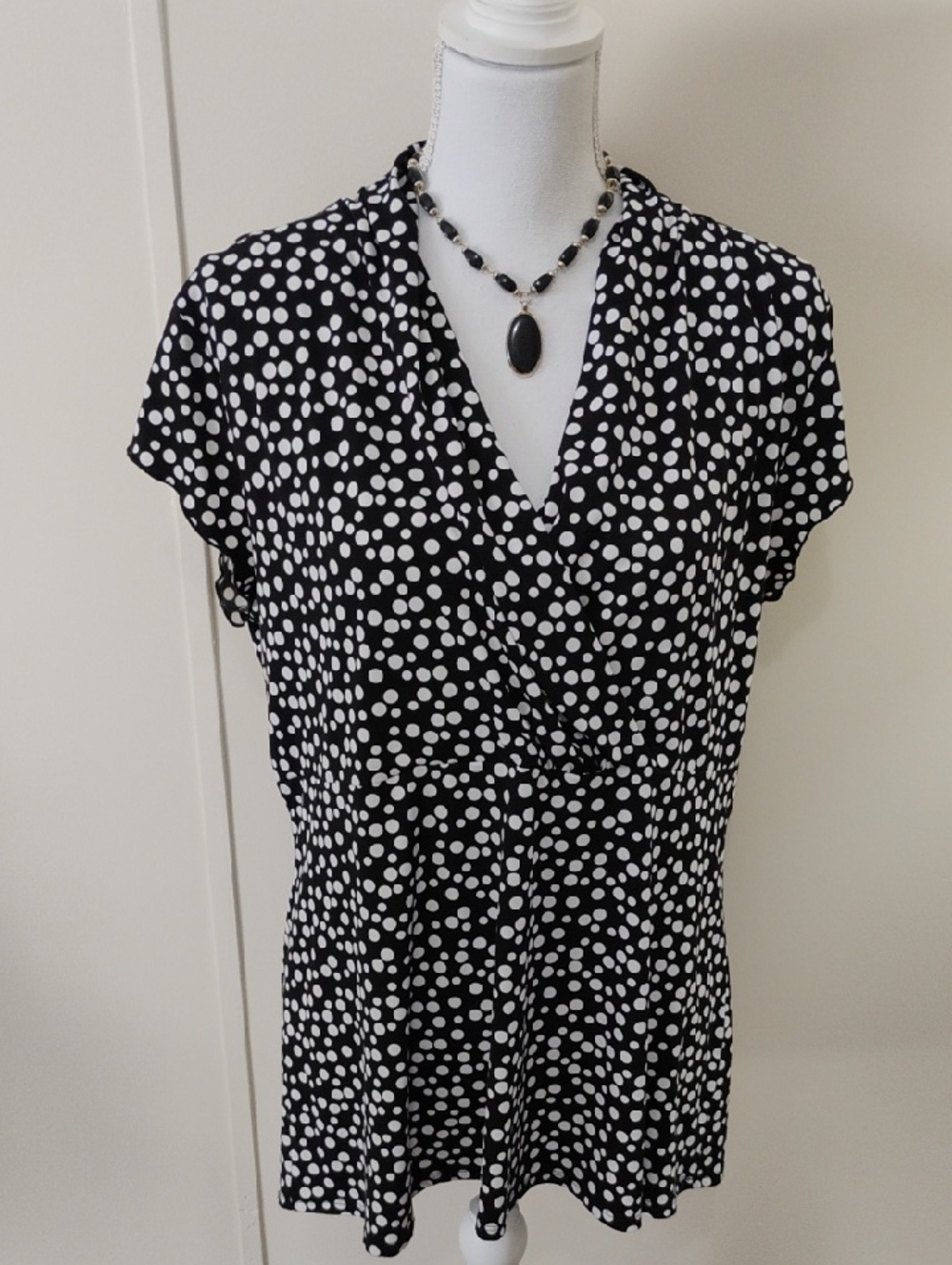 Nine West Black and White Polka Dot V-Neck Blouse